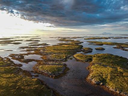 Aerial of the rugged coastline of the Unesco world heritage site at sunset