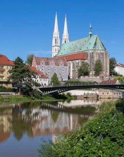 City view over the Neisse river with old town bridge