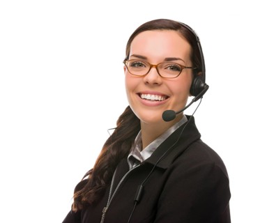 Helpful mixed-race receptionist wearing phone head-set isolated on white background
