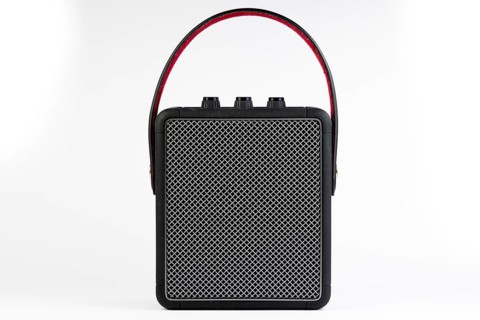 Black modern bluetooth loudspeaker isolated on white background