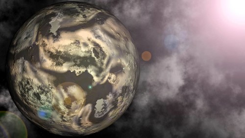Digitally created illustration of planet Pluto with starry sky