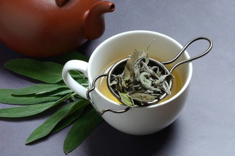 Sage tea in cup with tea strainer