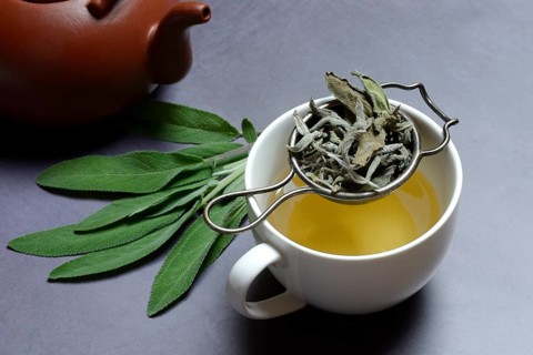 Sage tea in cup with tea strainer