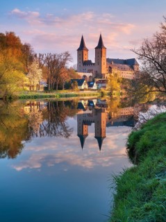 Rochlitz Castle on the river Zwickauer Mulde at Morgenrot