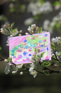 Self painted greeting card hanging in tree