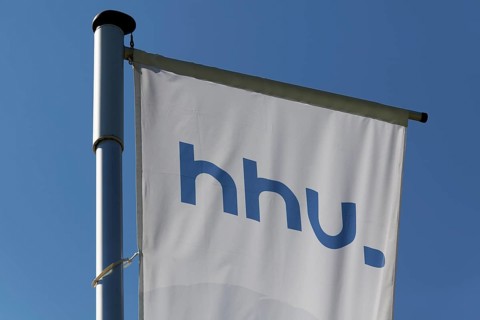 Flag with logo of the Heinrich Heine University Duesseldorf