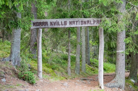 Entrance sign of Norra Kvill National Park near Vimmerby