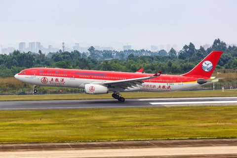 An Airbus A330-300 aircraft of Sichuan Airlines with registration number B-5923 and special livery Wuliangye at Chengdu Airport