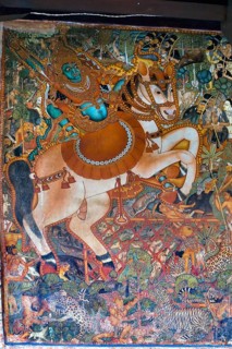 18th century mural paintings depict Sastha astride a horse at Pundareekapuram temple is dedicated to lord vishnu atop hill Midayikunnam near Thalayolapparambu