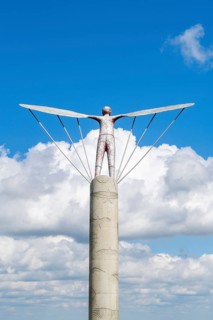 Sculpture Windharp at the launch site of Otto Lilienthal's flight experiments on the Gollenberg