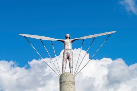 Sculpture Windharp at the launch site of Otto Lilienthal's flight experiments on the Gollenberg