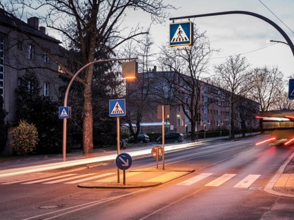 Traffic center island with zebra crossing Rennbahnstrasse Pasedagplatz