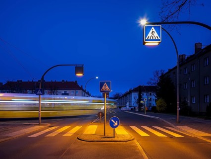 Traffic center island with zebra crossing Rennbahnstrasse Pasedagplatz