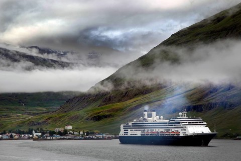 Fjord with cruise ship