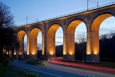 Illuminated viaduct in the evening