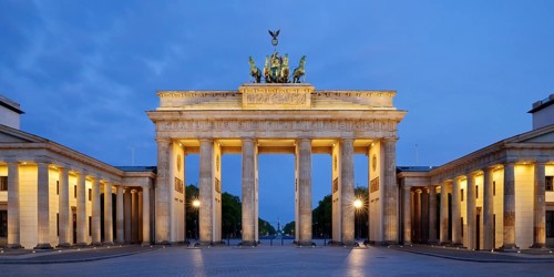 Illuminated Brandenburg Gate in the morning
