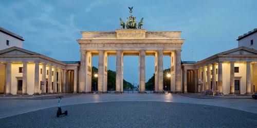 Illuminated Brandenburg Gate in the morning