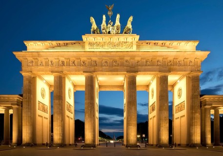 Illuminated Brandenburg Gate in the evening