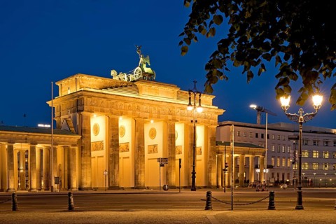 Illuminated Brandenburg Gate in the evening