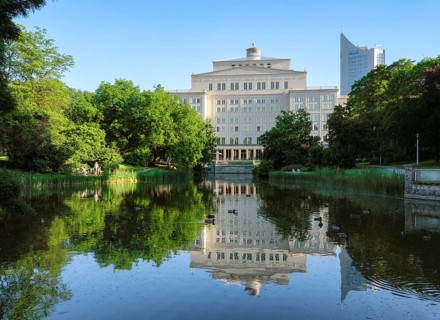 Swan pond with opera and city skyscraper