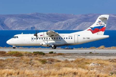 An ATR 42-500 aircraft of Sky Express with registration SX-TWO at Heraklion Airport