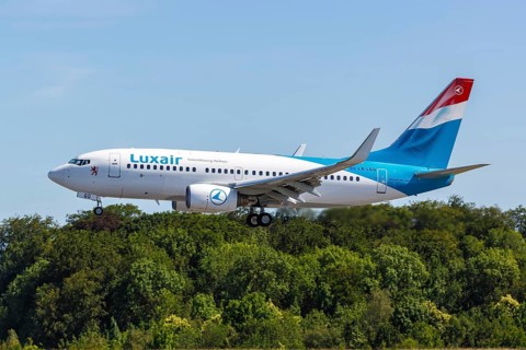 A Boeing 737-700 aircraft of Luxair with registration LX-LGQ at Luxembourg airport