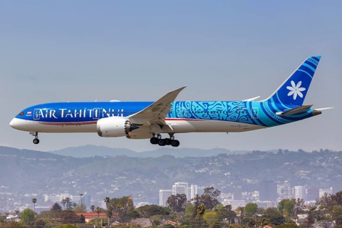 A Boeing 787-9 Dreamliner aircraft of Air Tahiti Nui with registration F-OMUA lands at Los Angeles Airport