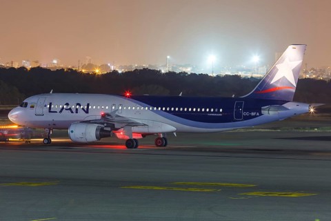 An Airbus A320 aircraft of LAN with registration CC-BFA at Cartagena Airport