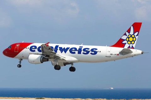 An Airbus A320 aircraft of Edelweiss with registration HB-JJK lands at Heraklion Airport