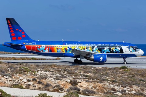 An Airbus A320 aircraft of Brussels Airlines with the registration number OO-SND with the special livery The Smurfs at Heraklion Airport