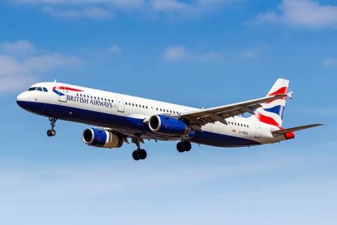 A British Airways Airbus A321 with the registration G-MEDL lands at London Heathrow Airport