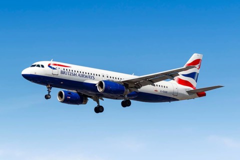 A British Airways Airbus A320 with the registration G-EUUD lands at London Heathrow Airport