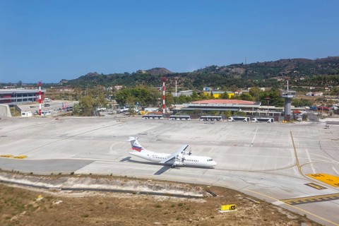 An ATR 72-500 aircraft of Sky Express with registration SX-NIV at Zakynthos airport