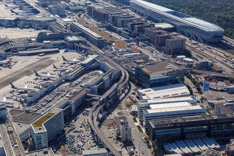 Aerial view Terminal 1 and Condor aircraft at Frankfurt FRA Airport during the Corona Virus COVID-19 in Frankfurt