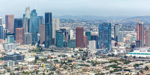 Downtown skyline city building panorama aerial view in Los Angeles
