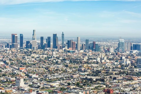 Downtown skyline city building aerial view in Los Angeles
