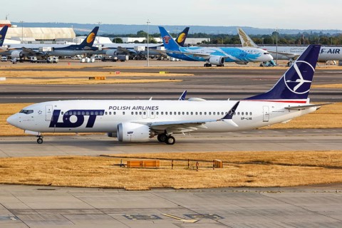 A Boeing 737-8 MAX aircraft of LOT Polish Airlines with registration SP-LVA at London Heathrow Airport