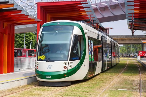 CAF Urbos Tram Light Rail public transport at Cianjhen European Starling stop in Kaohsiung