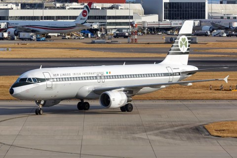 An Airbus A320 of Aer Lingus with the registration EI-DVM in retro special livery at London Airport
