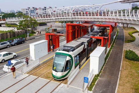 CAF Urbos Tram Light Rail public transport at Cianjhen European Starling stop in Kaohsiung