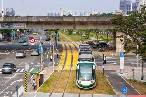 CAF Urbos Tram Light Rail public transport at Cianjhen European Starling stop in Kaohsiung