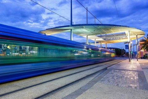 Alstom Citadis tram Tramway de Montpellier public transport at the stop Place de France in Montpellier