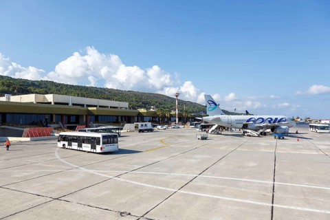 An Airbus A319 aircraft of Adria Airways with registration S5-AAP at Rhodes Airport
