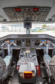 Cockpit of a German Airways Embraer 190 with registration D-AJHW at Cologne Airport