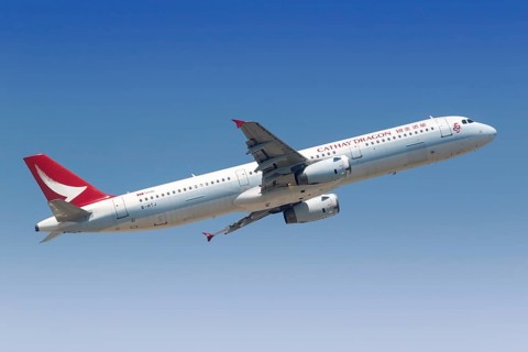 A Cathay Dragon Airbus A321 aircraft with registration number B-HTJ at Hong Kong Airport