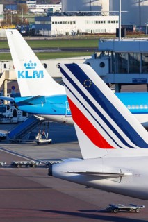 Aircraft of KLM Royal Dutch Airlines and Air France at Amsterdam Schiphol Airport
