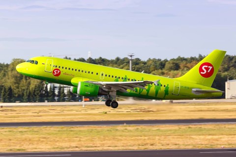An Airbus A319 of S7 Airlines with the registration VP-BTQ takes off from Berlin-Tegel Airport