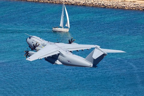 A Royal Air Force Airbus A400M with registration number ZM411 takes off from Gibraltar Airport