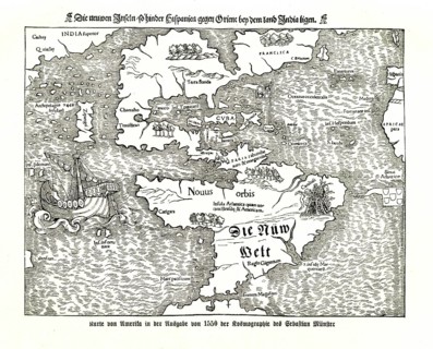 Historical map of America in the 1550 edition of the Cosmography of Sebastian Muenster