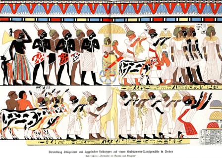 Depiction of Ethiopian and Egyptian folk types on a burial chamber mural in Thebes